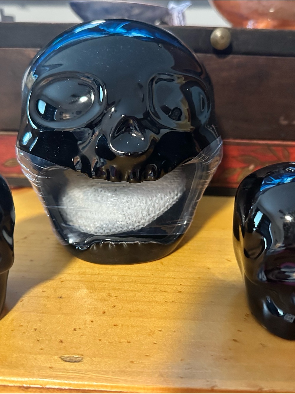 Black Glass Skull Sponge Holder -and salt and pepper shakers